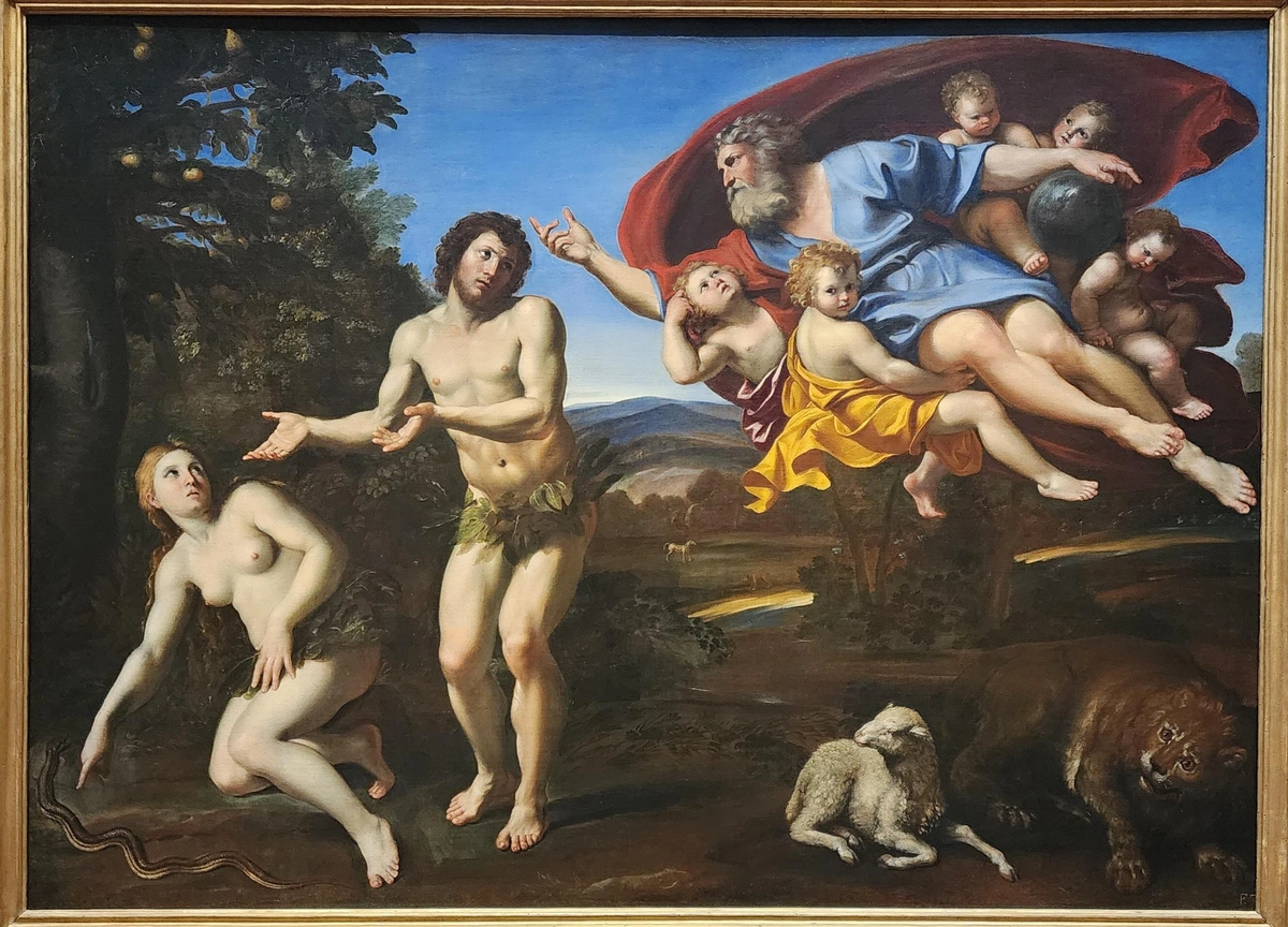 from left: eve gesturing towards a snake while adam gestures toward her with both hands (both clad in leaves). he is looking at God, an old bearded man floating with cherubim around him. the background is a wilderness with hills, and there is a lamb and a lion in bottom right.