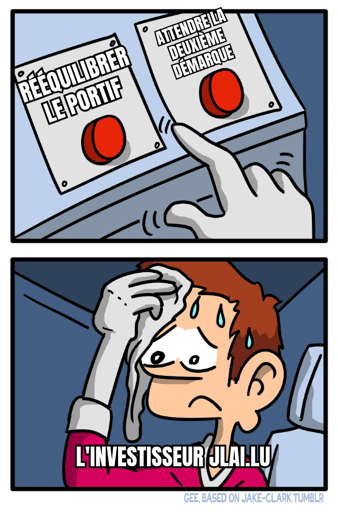 Un meme avec un mec en sueur qui hésite entre acheter et attendre