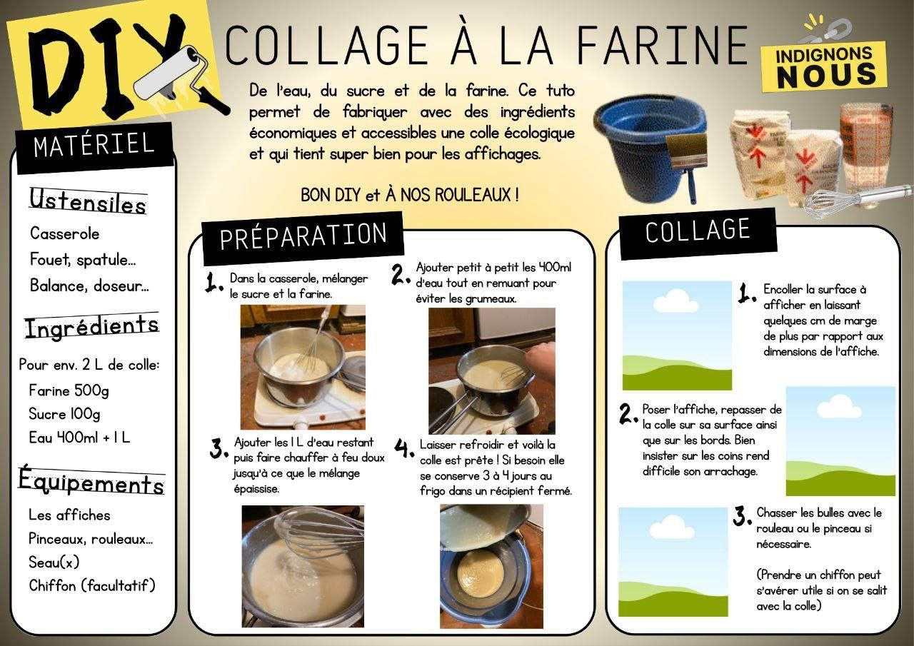 Image décrivant une recette de colle à affiche à partir de farine, sucre et eau (mélanger 500g de farine et 100g de sucre, ajouter doucement 400mL d'eau en touillant et chauffant à feu doux, ajouter 1L d'eau en touillant)