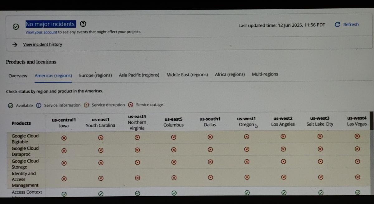 Google status page says "no major incidents" and lists several service outages in all regions.