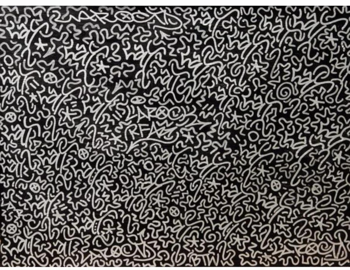A rectangular black and white frame filled completely with frenetic white shapes and dooddles on a black background. The piece exudes energy.