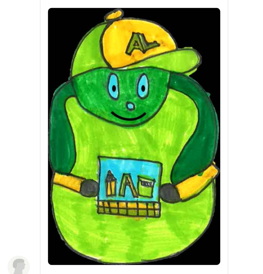 A child's drawing of a round green fellow with a big, darker green head, wearing an even darker green shrug like top from which thin yellow arms with round black hands protrudes. On his belly is a blue rectangle with objects in it that could represent tools like a pencil and a protractor and rubber possibly. He has no legs. On his head he is wearing a blue and yellow cap with an A embellished on the front. He has oval blue eyes and a round blue nose and is smiling.
