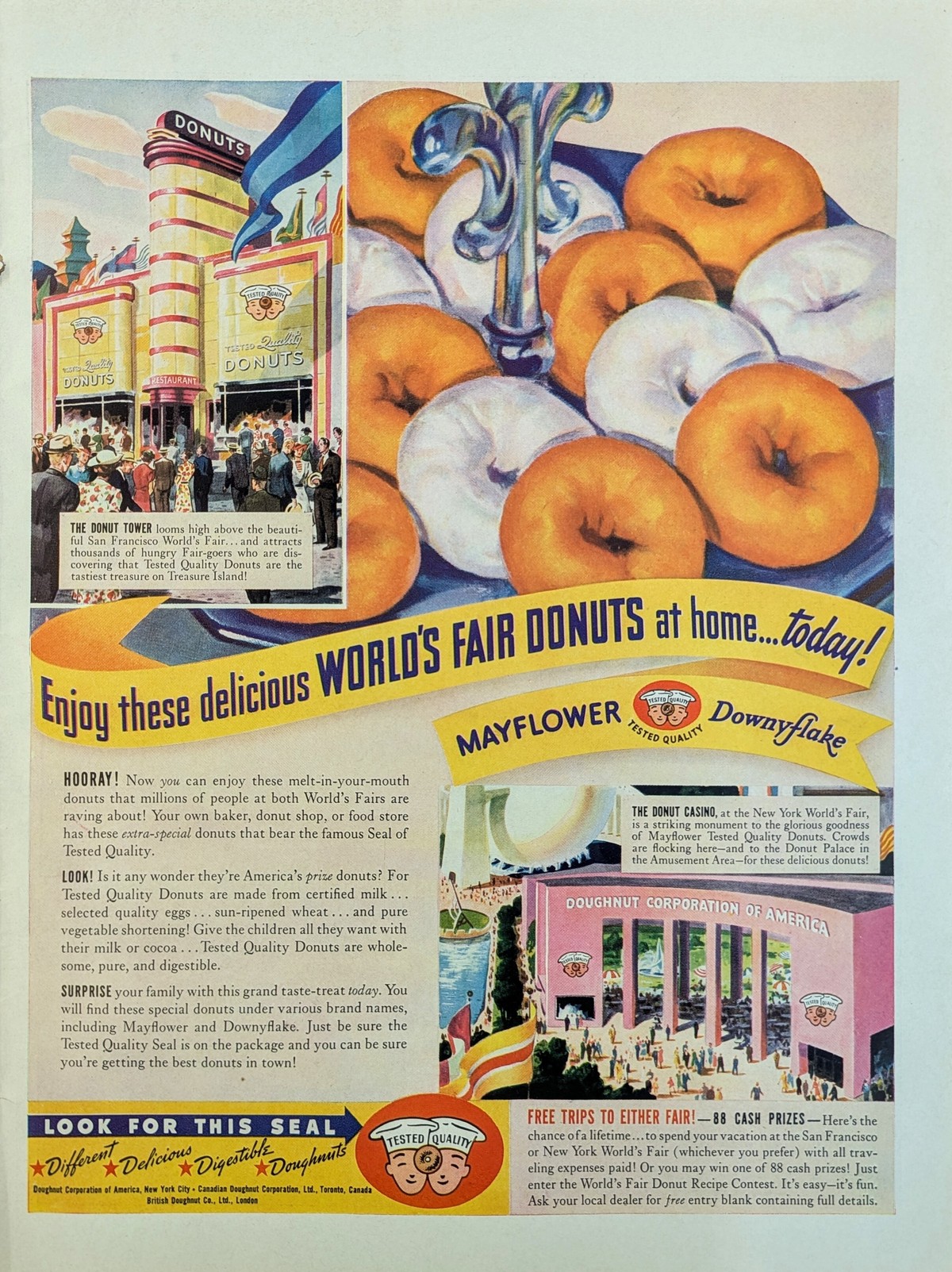 "Enjoy these delicious WORLD'S FAIR DONUTS at home today!", Mayflower Downyflake, June 1939