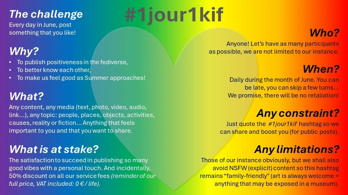 Details of #1jour1kif challenge, with a rainbow-colored background and a heart in the middle