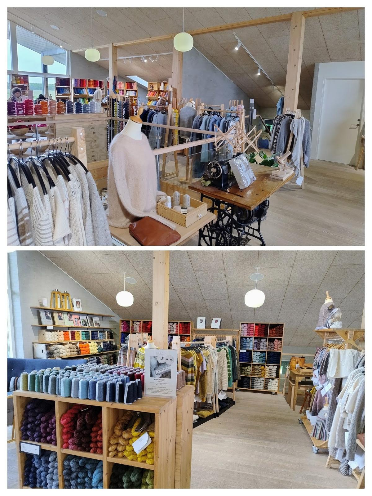 A collage of two pictures from a yarn shop. 

It's very light and airy, with a lot of space between cubicle shelves full of yarn, clothes racks full of samples, mannequins that model garments, deco like an old sewing machine and useful things like an umbrella swift and yarnwinder to use for the freshly bought skeins of yarn. 