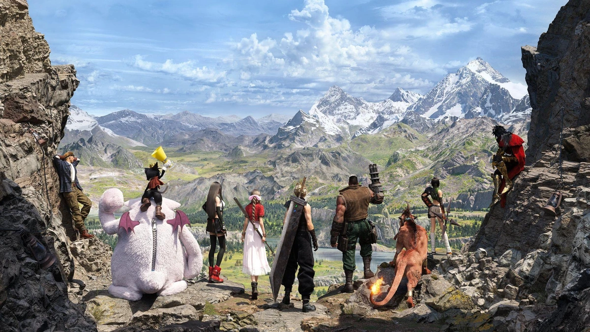 Image de final fantasy 7 rebirth montrant l'ensemble de l'équipe fac à un vaste paysage