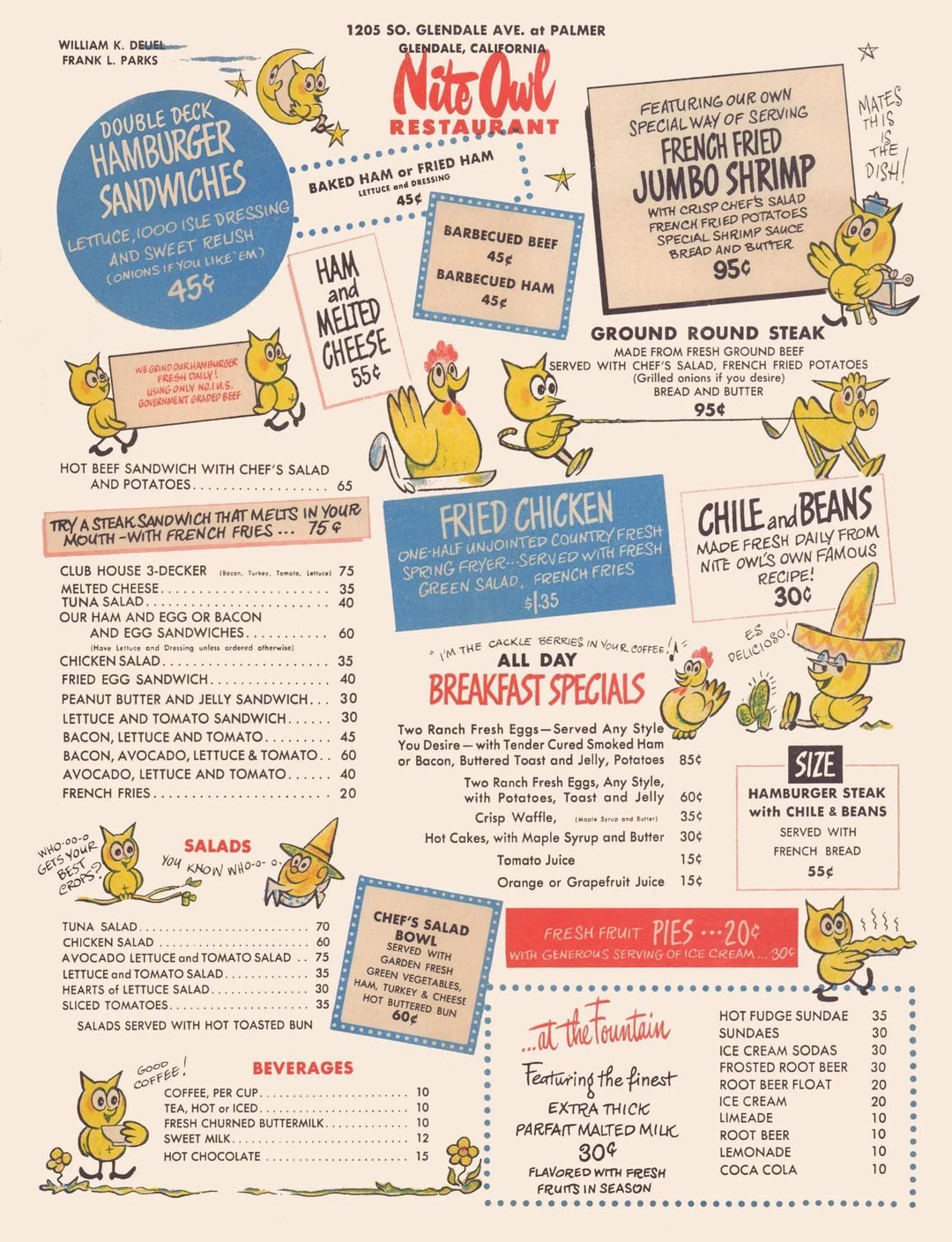 Night Owl restaurant menu 1950