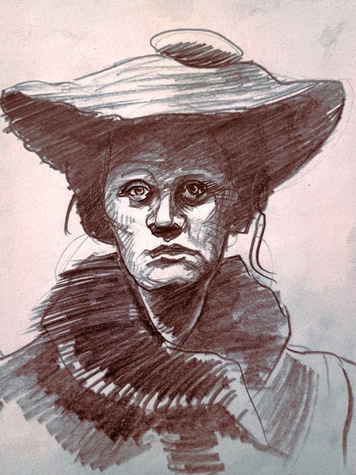 Vintage mugshot of woman wearing a large hat